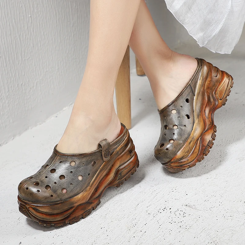 

High Platform Slippers Shoes Woman Gray Real Cow Leather Lady Wedge Pumps Hollow Out Cool Female Casual Slide Shoes