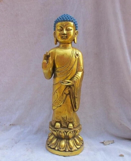 17"Tibet Buddhism Hall Bronze Gild stand Sakyamuni Tathagata Buddha statue Brass crafts