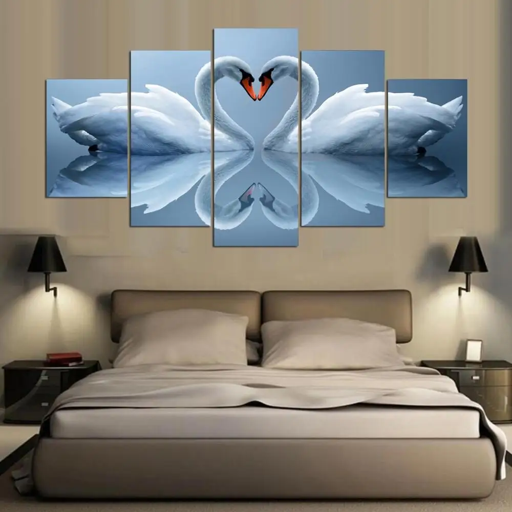 Love Swan Wall Pictures For Living Room 5 Panel Canvas Painting