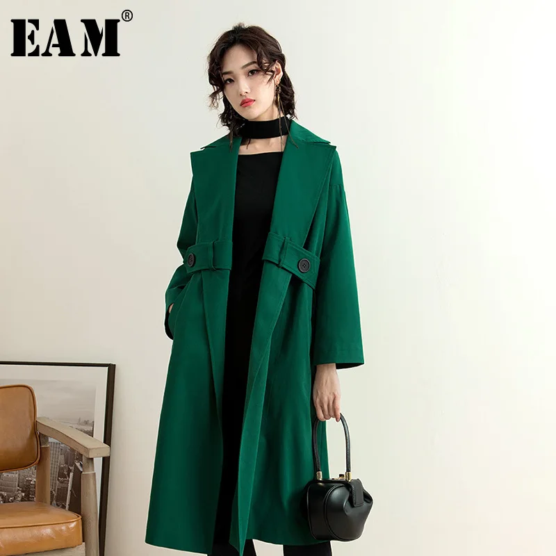 

[EAM] 2019 New Autumn Winter Lapel Long Sleeve Bandage Pockets Temperament Windbreaker Big Size Women Trench Fashion Tide JY032