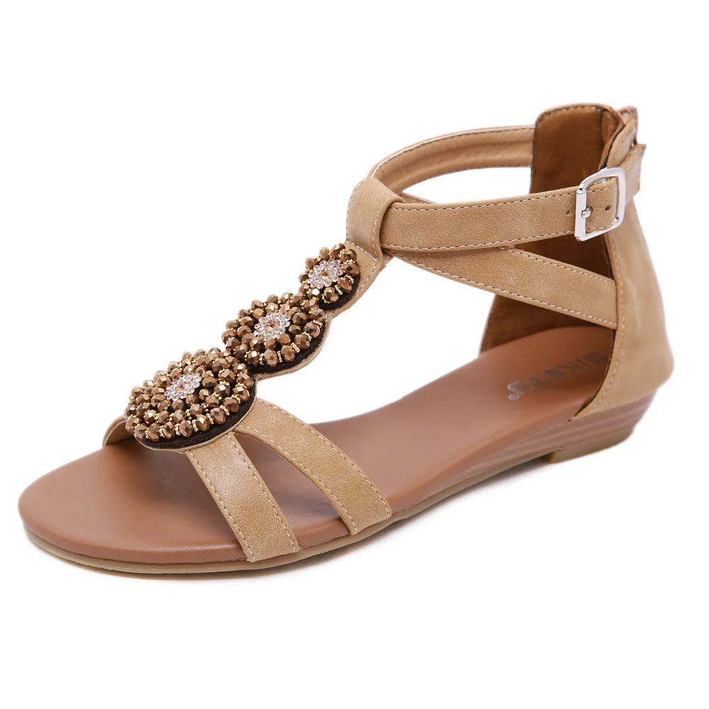

LEMAI 2019 Sandals Open Toes Beaded Flowers Flat Heel Retro National Style Rubber Shoes Fashion Gladiator Sandals Women