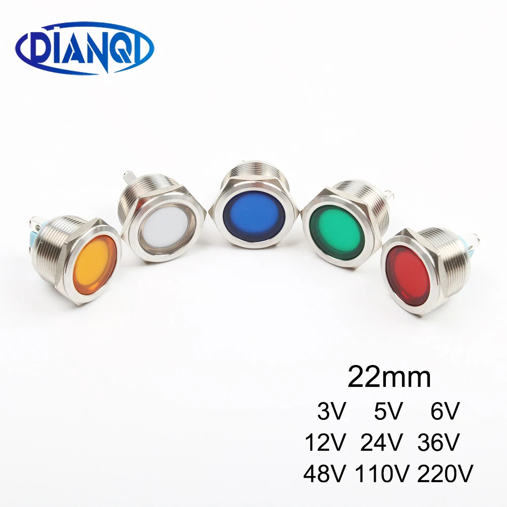LED Metal Indicator light 22mm flat round Signal lamp 3V 5V 6V 12V 24V 36V 48V 110V 220v screw illumination red big lens | Лампы и