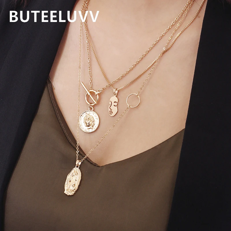 

BUTEELUVV Multilayered Chains Statement Necklace for Women Elegant Gold Geometric Figure Coin Face Pendant Necklace Jewelry