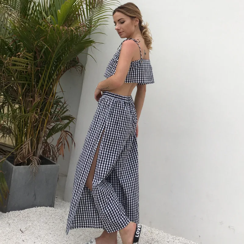 2 Piece Set Women Plaid Suit Sling Bandeau Vest Top + Split Fork Long Skirt Female Two Piece Set Full Length Pant AST001 2 Piece Set Women Plaid Suit Sling Bandeau Vest Top + Split Fork Long Skirt Female Two Piece Set Full Length Pant AST001