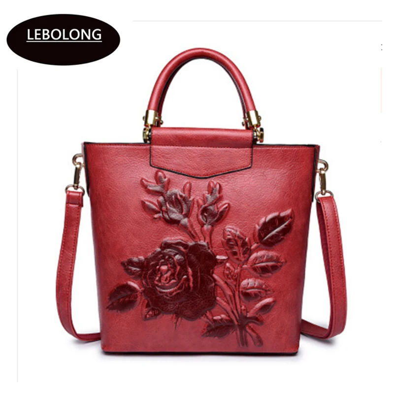 

New Women Designer Leather Hobo Bucket Bag Large Embroidery Embossing Printing retro Floral Handbag Luxury Tote Bag High quality
