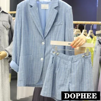 

2019 New Spring and Summer Korean Loose Stripe Cotton and Hemp Small Suit Blazer Coat + Shorts 2 Piece Women Leisure Shorts Set