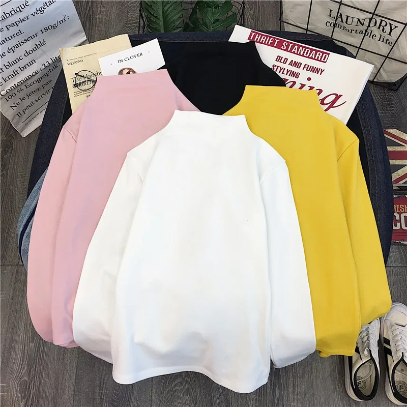 

Sping Style Fashion Harajuku Solid Colors T Shirt women Kawaii Cotton Turtleneck Casual Tee Lady Cute Tops clothes for Women