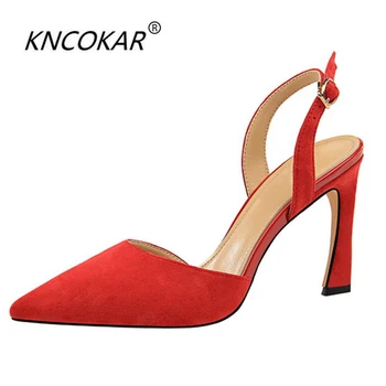 

KNCOKAR 2018 Simple high-heeled flannelette shallow-tip hollow back trip with sexy nightclub slim women's shoes sandals