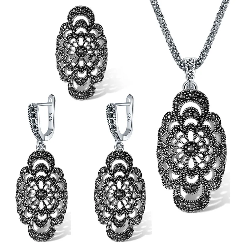 Кольцо размер 7-9 черный цветок ожерелье серьги высокое качество полые винтажные растительные Ювелирные наборы для женщин - Окраска металла: Платиновое покрытие
