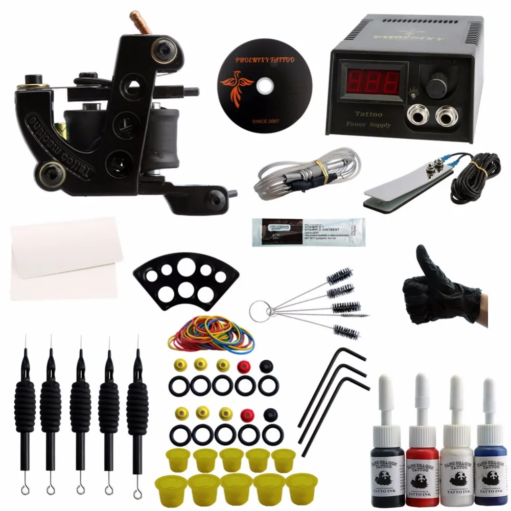 

Complete Tattoo kits 1 Gun Tattoo Machine Set LCD Power Supply 4 Color Ink Pigment Sets Disposable Needle Grip Tips Tattoo Set