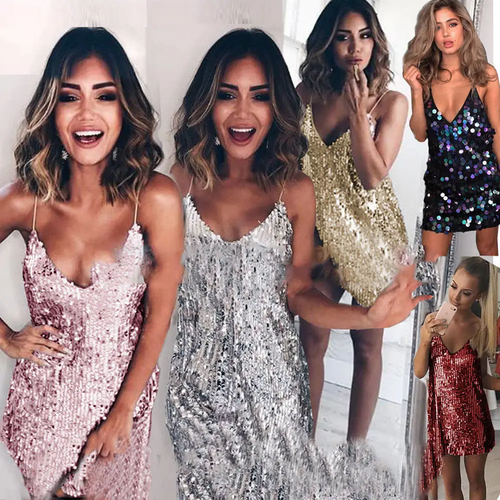 

Ladies Glitter Sequin Plunge V Neck Strappy Bodycon Evenin Party Club Mini Dress