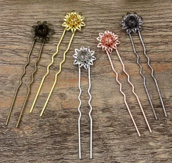 

Retro Hairstick Hairwear Blanks Findings with 15mm Filigree Flower Cabochons Bases Settings DIY Women's Bride Hair Clips Making