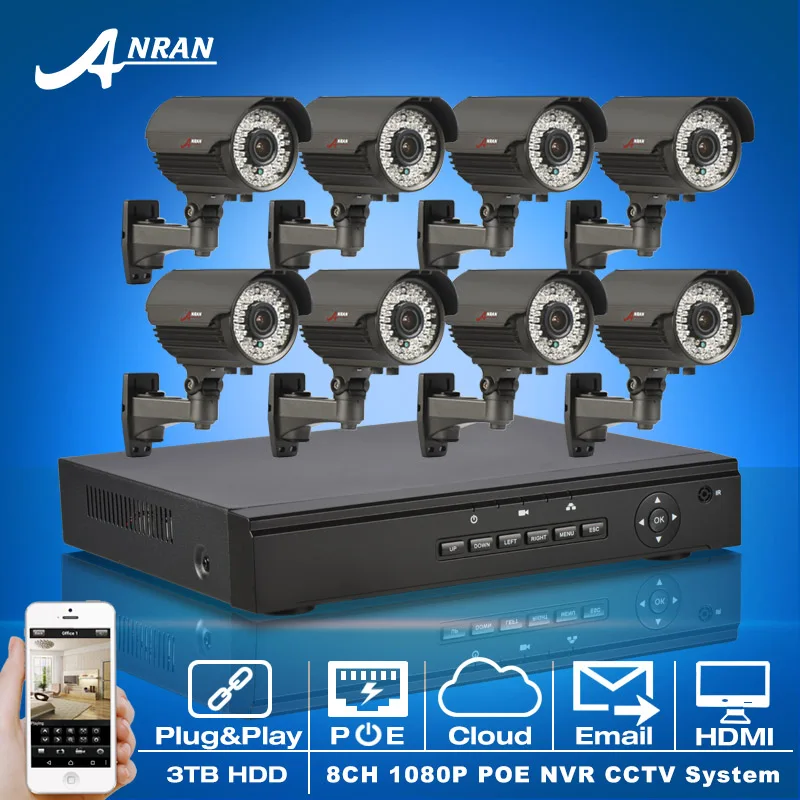  Plug And Play 8CH NVR POE CCTV System 3TB HDD Onvif 1080P HD Varifocal 2.8mm-12mm 2 Array 78IR Outdoor Security POE IP Camera 