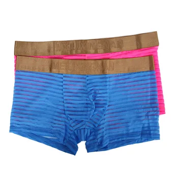 

New Sexy Striped Mens Underwear Men Boxers Shorts Transparent Mesh Breathable Pouch Mid-waist Underpants Plus Size M-XXL Male