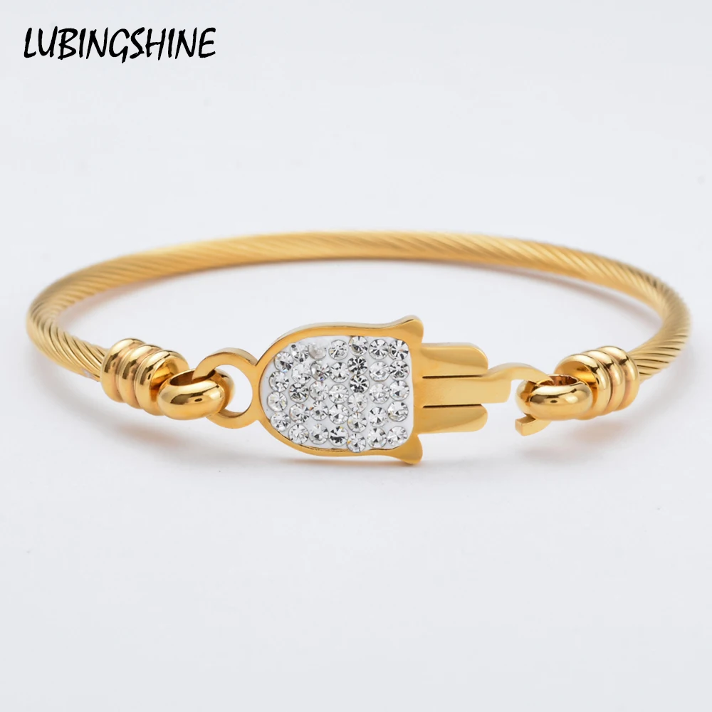

Gold Color Stainless Steel Hamsa Hand Charm Bracelets Bangles For Women Rhinestone Cross Infinite Love Heartbeat Bangle Jewelry