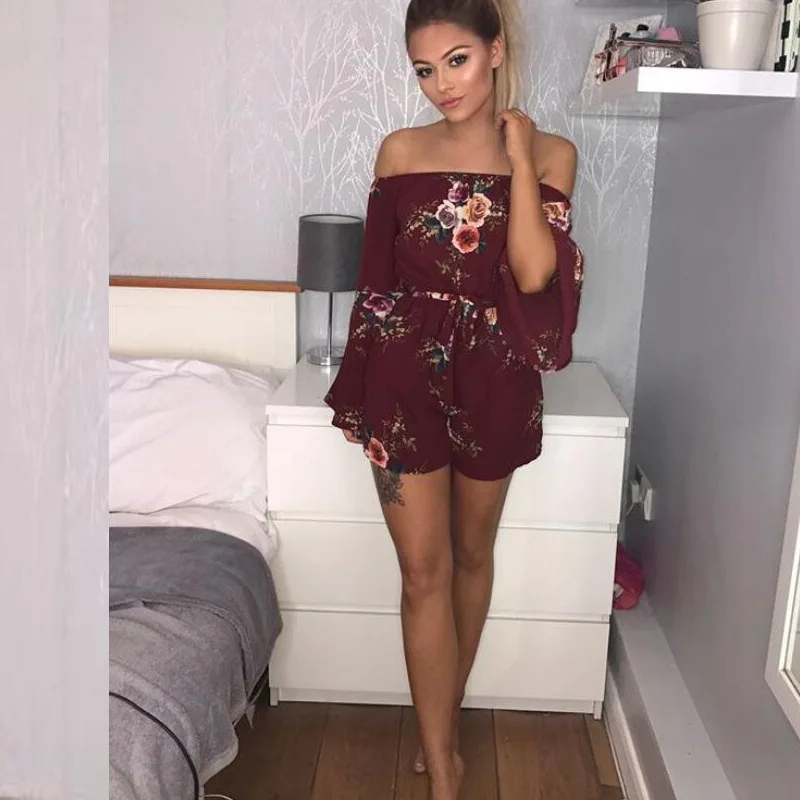 TEMOFON сексуальная Slash шеи Playsuit печати Для женщин комбинезон Детский свободные