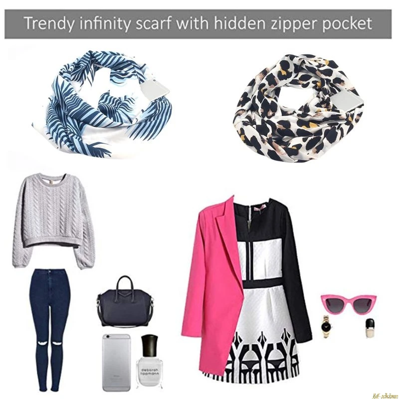 Женская Двойной Слои Secret потайной карман с молнией бесконечный петлевой шарф смешивания с цветами и листьями с леопардовым принтом Зима