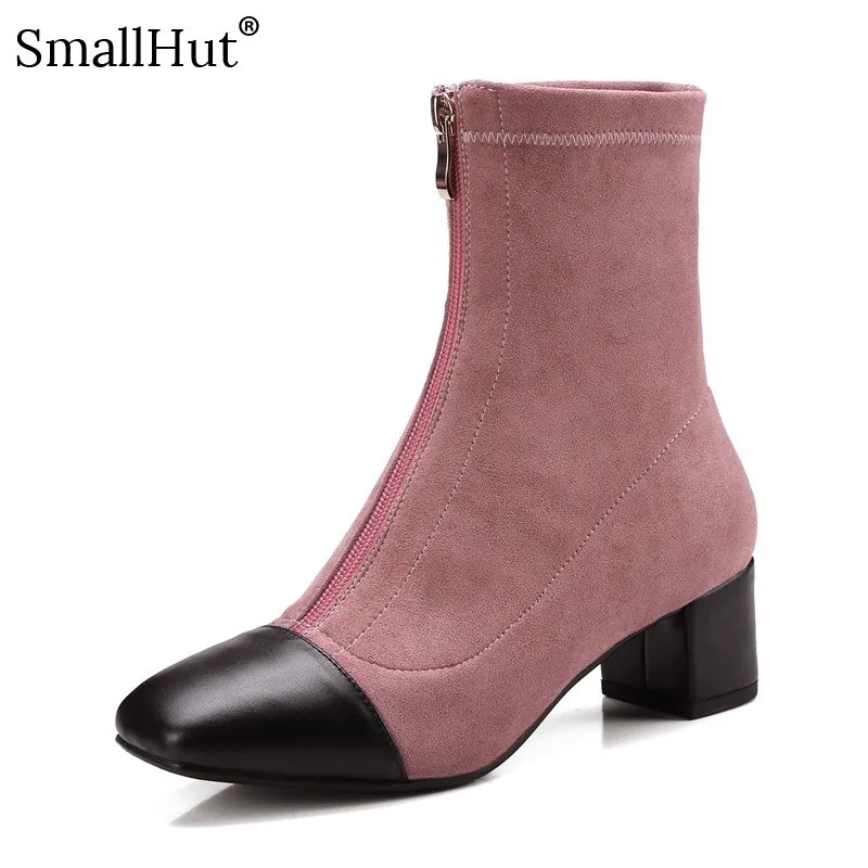

Cow Leather Ankle Boots Women Spring Autumn Ladies Square Toe Short Boots E079 Fashion Woman Pink Black High Thick Heel Boots