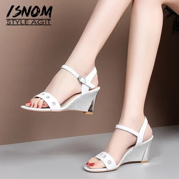 

ISNOM Wedges Sandals Women Summer High Heels Sandals Bling Shoes Female Wedding Fashion Cow Leather Shoes Ladies 2019 New White