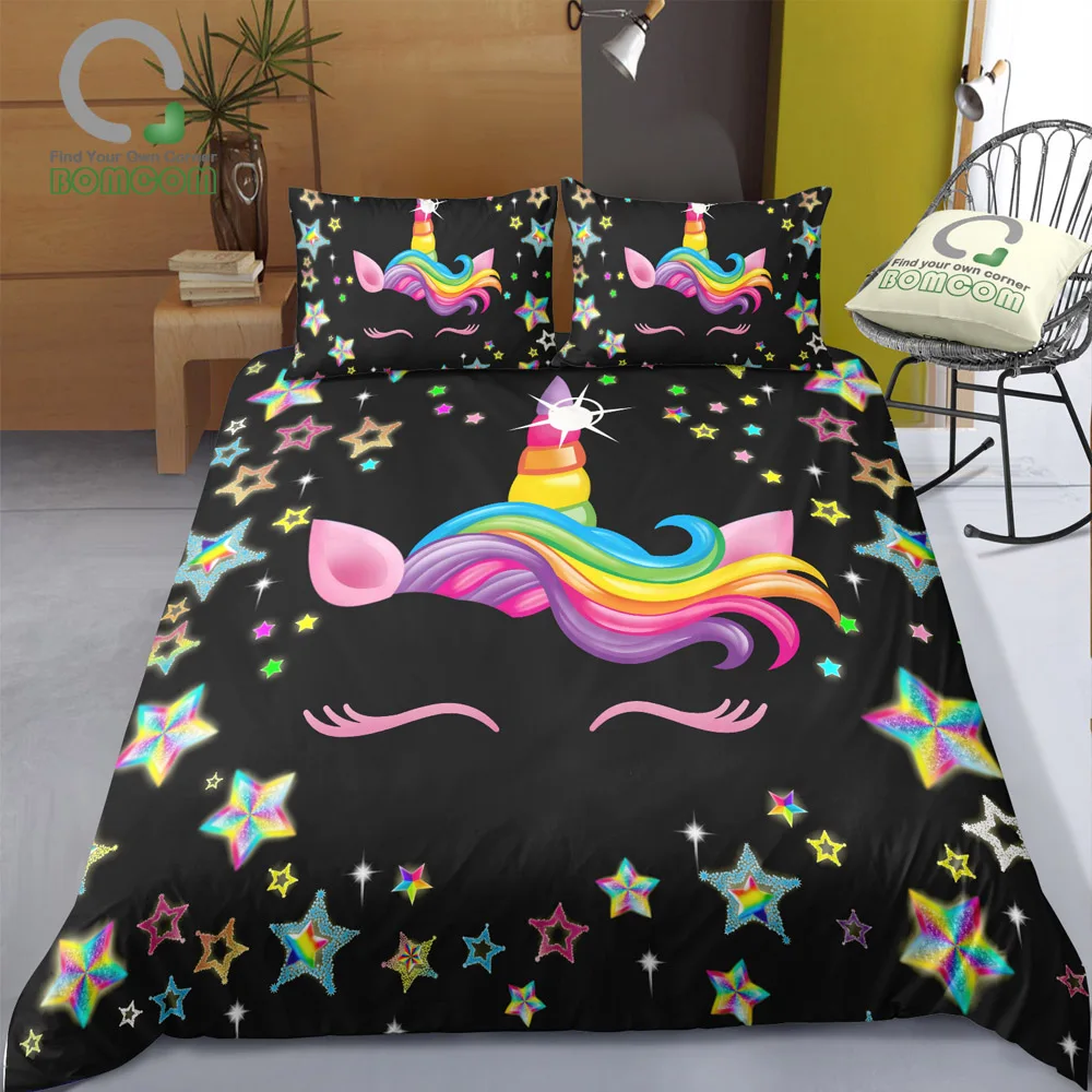 Bomcom 3d Digital Printing Unicorn Print Duvet Cover Set Black