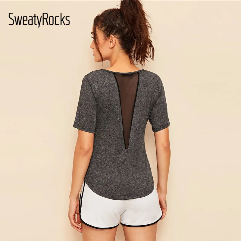SweatyRocks منحني تنحنح بقماش شفاف إدراج المحملة الشارع الشهير عارضة النساء رمادي تيز و القمم 2019 الصيف Athleisure نمط تي شيرت SweatyRocks منحني تنحنح بقماش شفاف إدراج المحملة الشارع الشهير عارضة النساء رمادي تيز و القمم 2019 الصيف Athleisure نمط تي شيرت