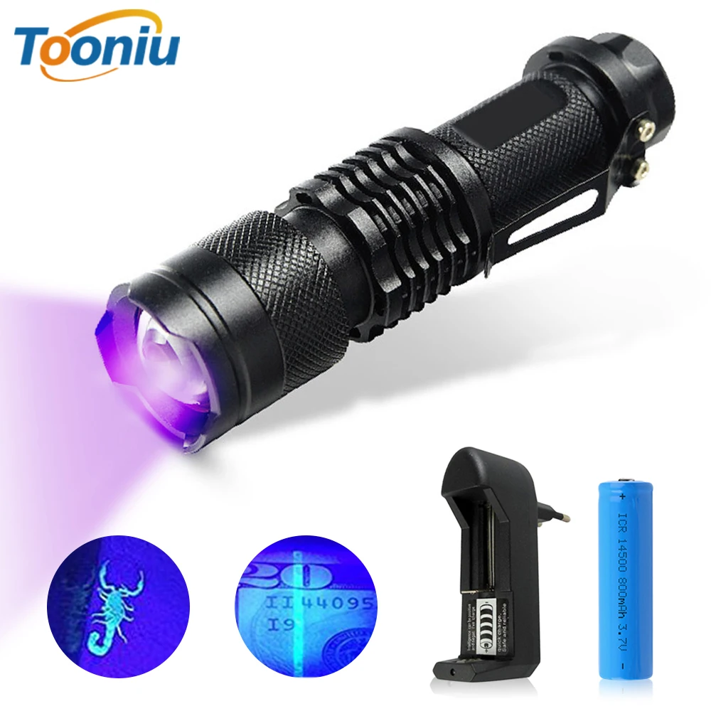 

UV Flashlight Ultra Violet Light With Zoom Function Mini UV Black Light Pet Urine Stains Detector Scorpion Use AA/14500 battery