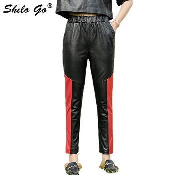 

Streetwear Leather Pants Women Casual Contrast Color Elastic High Waist Sheepskin Genuine Leather Harem Pants Female Capris