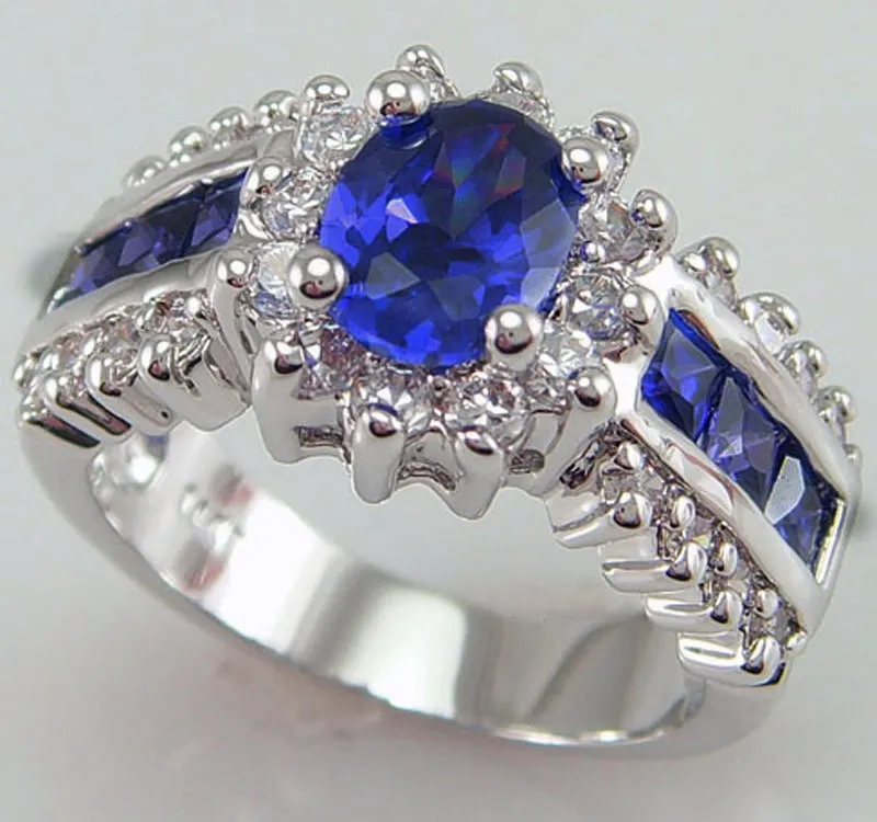 Милое женское большое Фиолетовый Синий Красный овальное кольцо кристалл Желтое золото Заполненные Свадебные украшения Винтажные обручальные кольца для влюбленных для женщин - Цвет основного камня: Blue