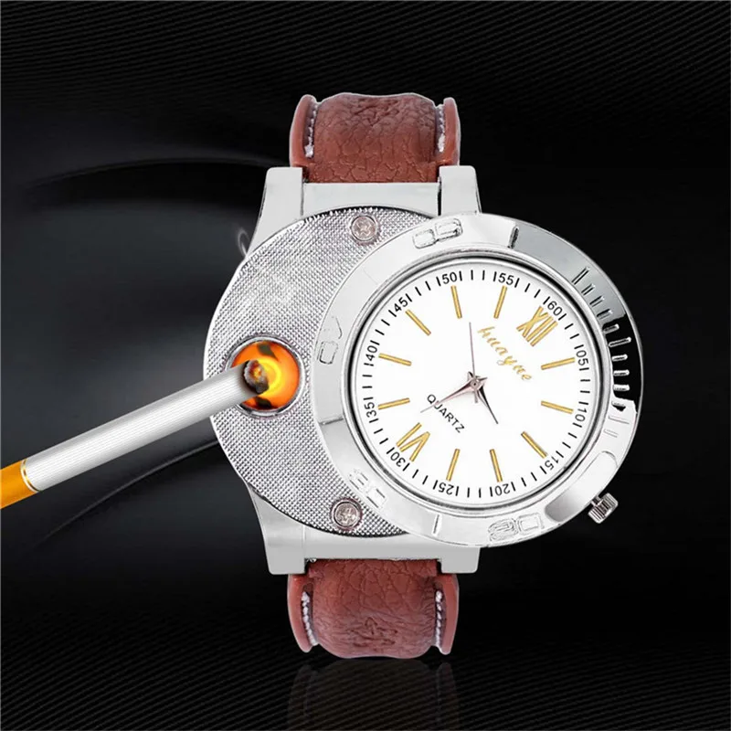 

Windproof Flameless USB Charging Lighter Watch Men Electronic Rechargeable Cigar Cigarette Lighters Black Sprot Quartz watch PJ