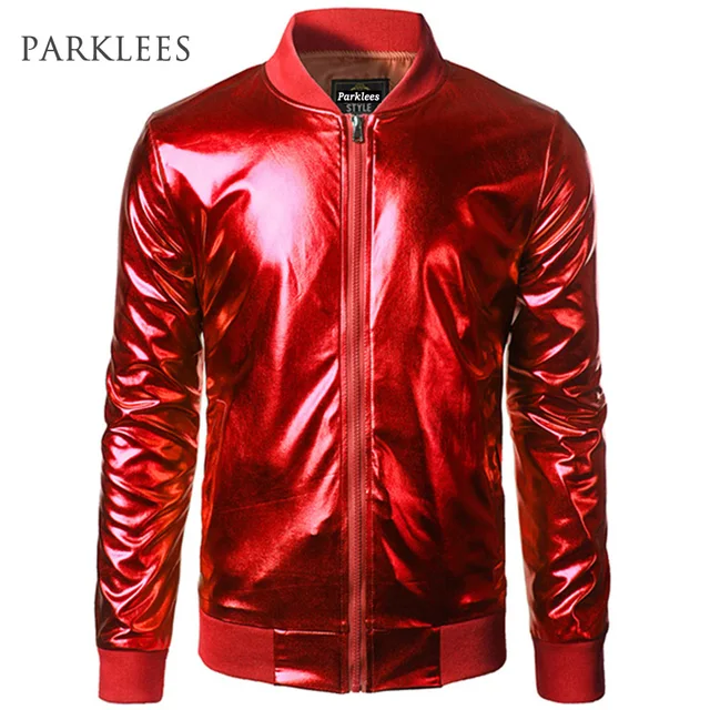 Shiny Silver Coated Metallic Jacket Men Brand Stand Collar Mens Jackets