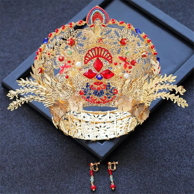 

Gorgeous Round Handmade Vintage Chinese Bridal Wedding Crown headdress Women Gold Crystal Bride Hair Jewelry ornament Sets