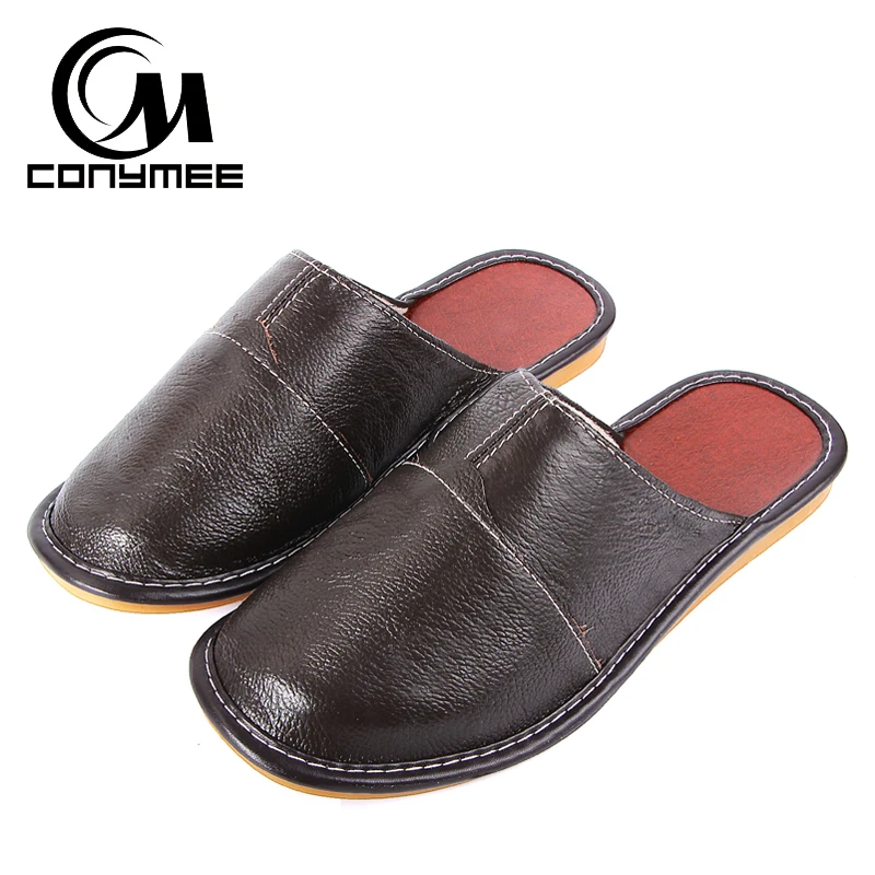 baratas CONYMEE Marca de Luxo 2018 Dos Homens de Couro Genuíno Sapatos Primavera Sandálias Interior Chinelos Em Casa Para Homens Casuais Das Sapatilhas de Inverno Pantufas