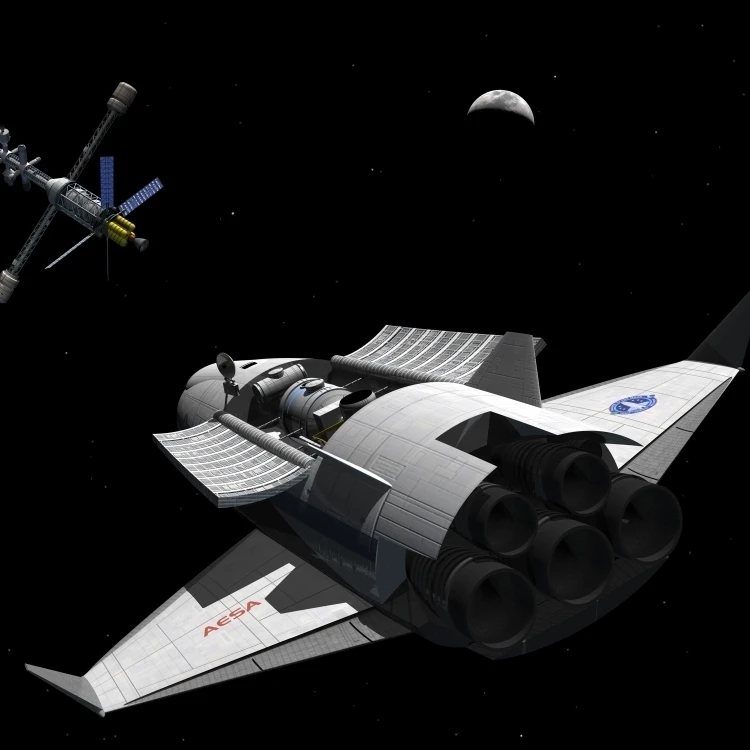 A future generation space shuttle rendezvous with a lunar cycler Poster Print (32 x 24)