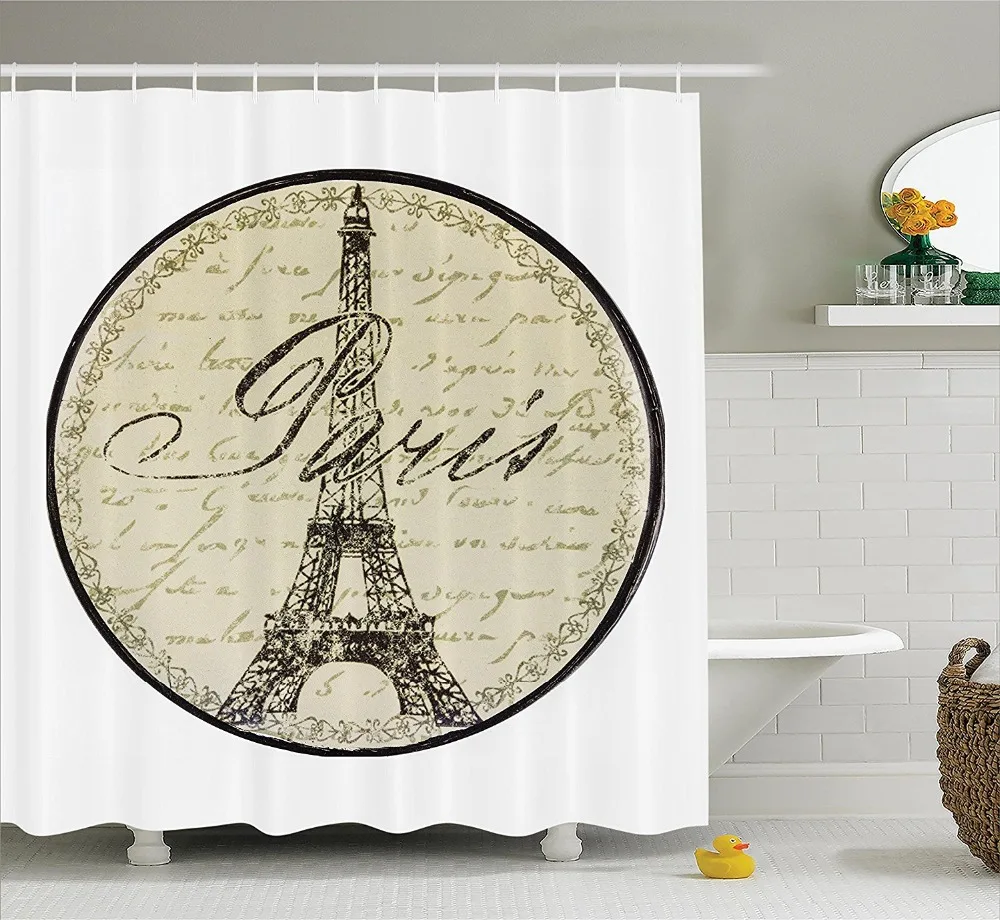 Paris Vintage Wall Decorative Sign with Theme Interior Famous Landmark Tourism Image Polyester Bathroom Shower Curtain | Дом и сад