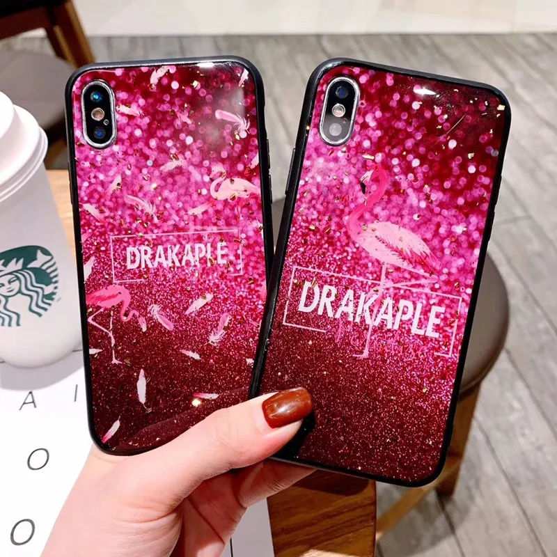 Tfshining роскошные золотые Фольга Bling чехол для iPhone X XR XS Max Розовый фламинго Жесткий