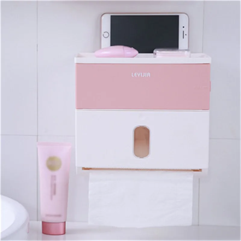 Пластиковый самоклеящийся настенный держатель туалетной бумаги рулон коробка для салфеток Держатель для ванной комнаты Органайзер с хранение мобильных телефонов - Цвет: Розовый
