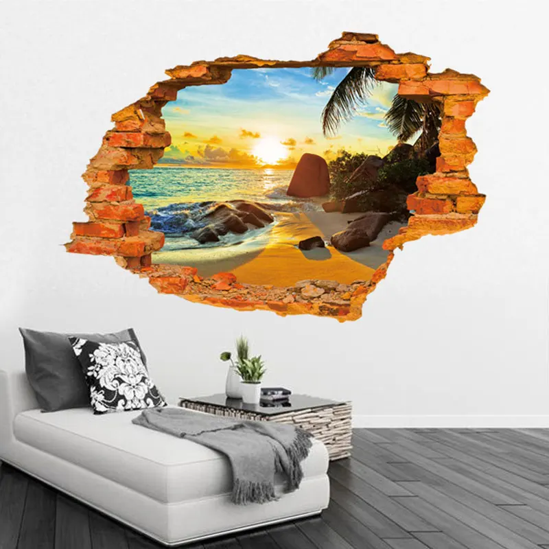 3D Beach Sunshine Stickers Decal Art Mirrors Vinyl Wall Sticker Home Room DIY Decor Fashion Decoration-Drop