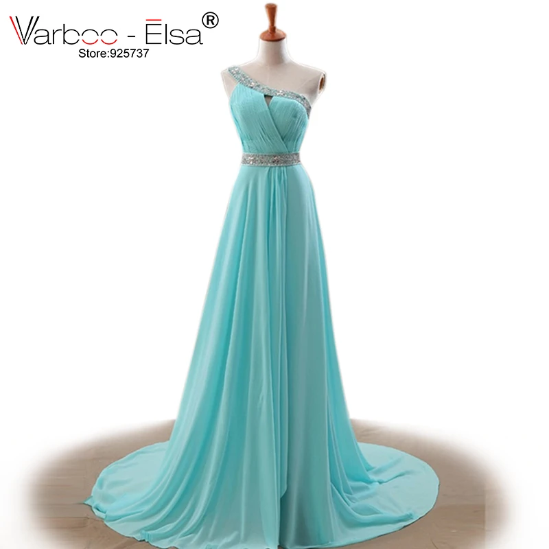 

Fashion one shoulder turquoise evening dresses long beach crystal chiffon wedding party dress elegant long evening dresses