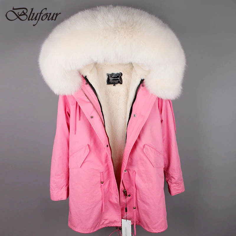 

Blufour Newest 100% Real fox Fur Collar winter fur coat Women pink and black parkas & cotton faux fur lining coat jacket Casual