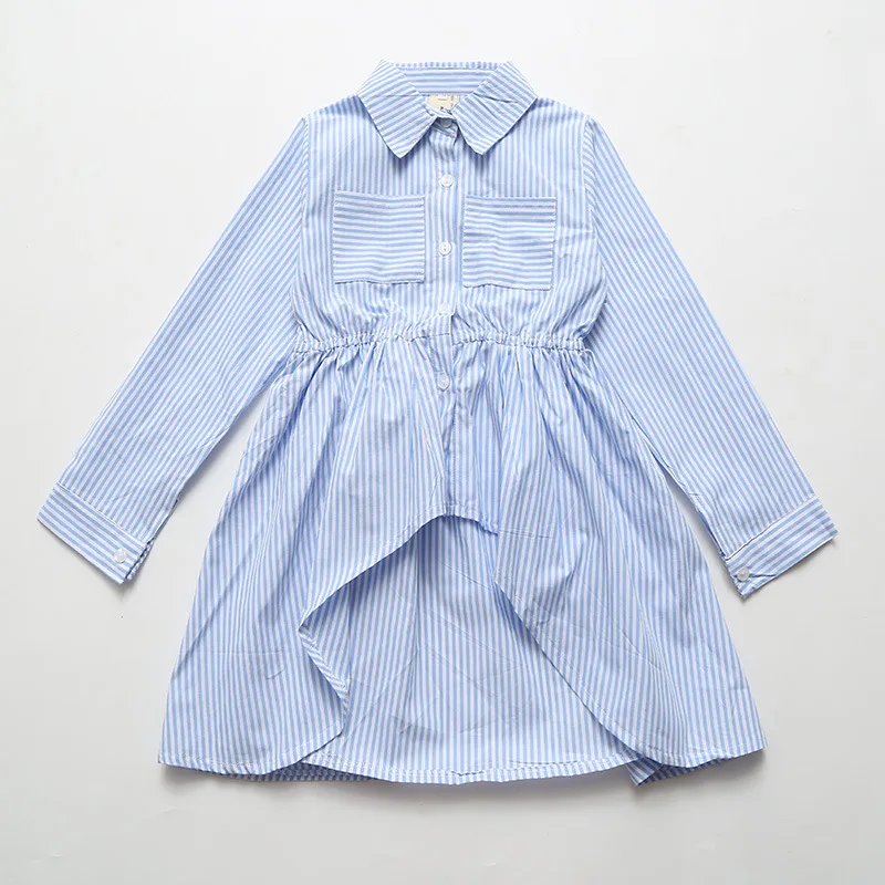 Детские рубашки для девочек; осень г.; детское Хлопковое платье-рубашка в полоску; синие блузки; Одежда для девочек 5, 7, 9, 10, 12 лет