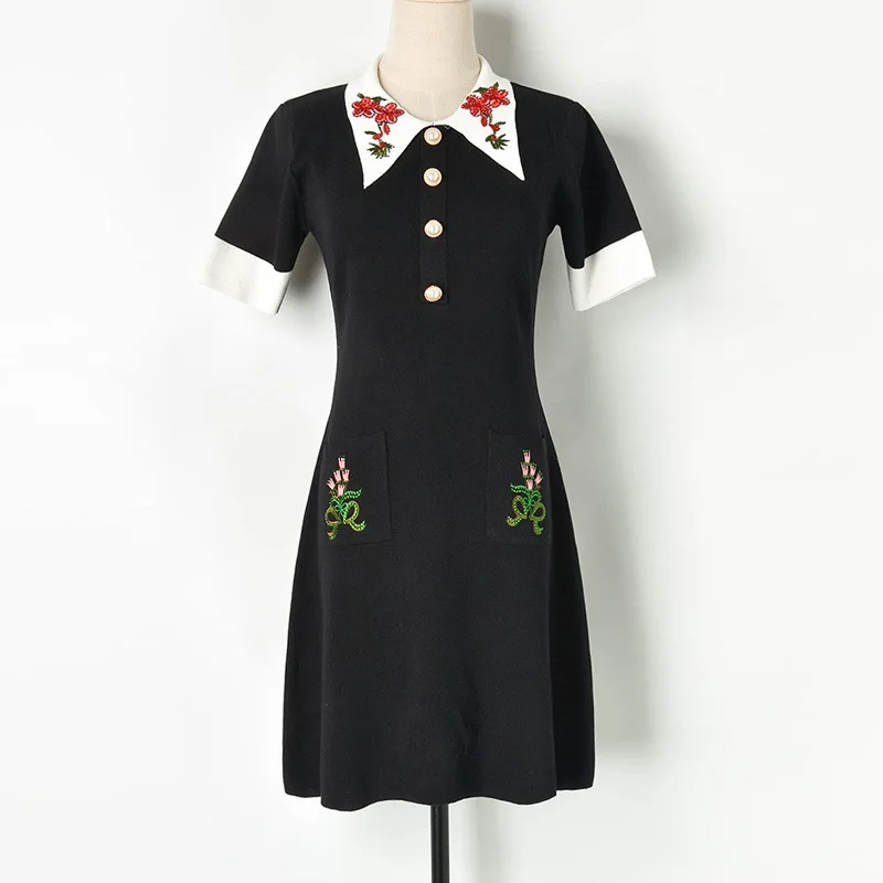 

Women Casual Dress 2019 Summer Turn-down Collar Floral Embroidery Short A Line Polo Dress Crystal Button Knit Black Dress White