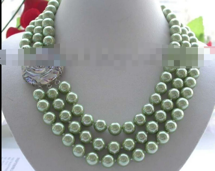 

FREE SHIPPING>@@> 3116 3rows 20" Natural green Shell Round Pearl Necklace