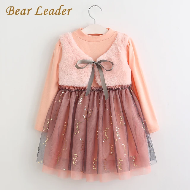 Bear Leader Grils Одеваться 2016 Новые Зимние Платья Детская Одежда Платье Принцессы Розовый С Длинным Рукавом Шерсть Лук Дизайн Девушки Одежда