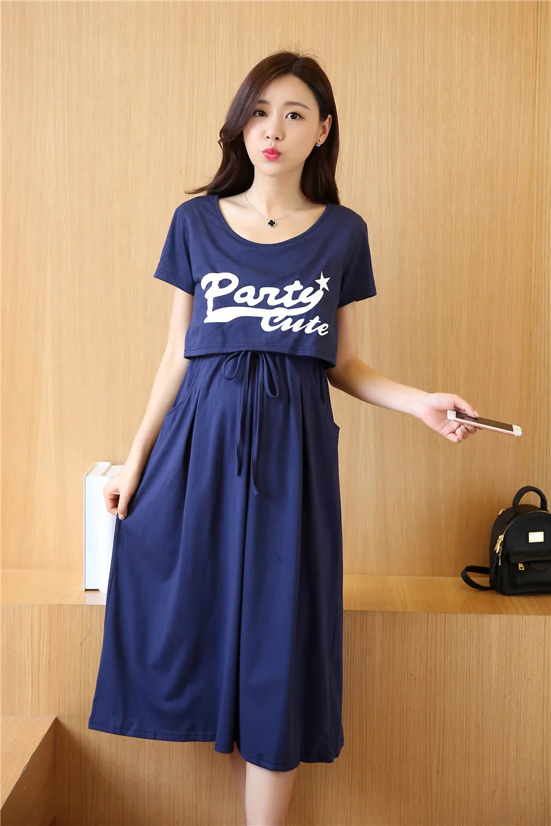 Maternity Dress Breastfeeding Two-piece Suit Short-sleeved Maternity Clothes For Pregnant Women Long Korean Skirt  Cotton
