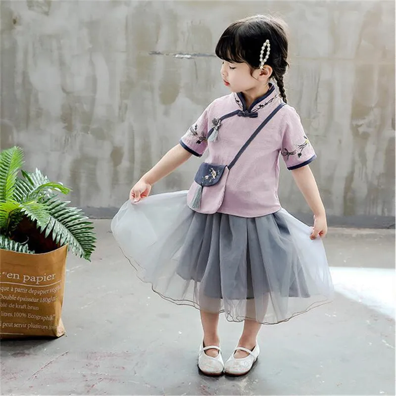 LIGIRL/комплекты одежды для девочек в стиле ретро; г.; Ципао детское платье с вышивкой; топы и юбки; летняя детская одежда с сумочкой