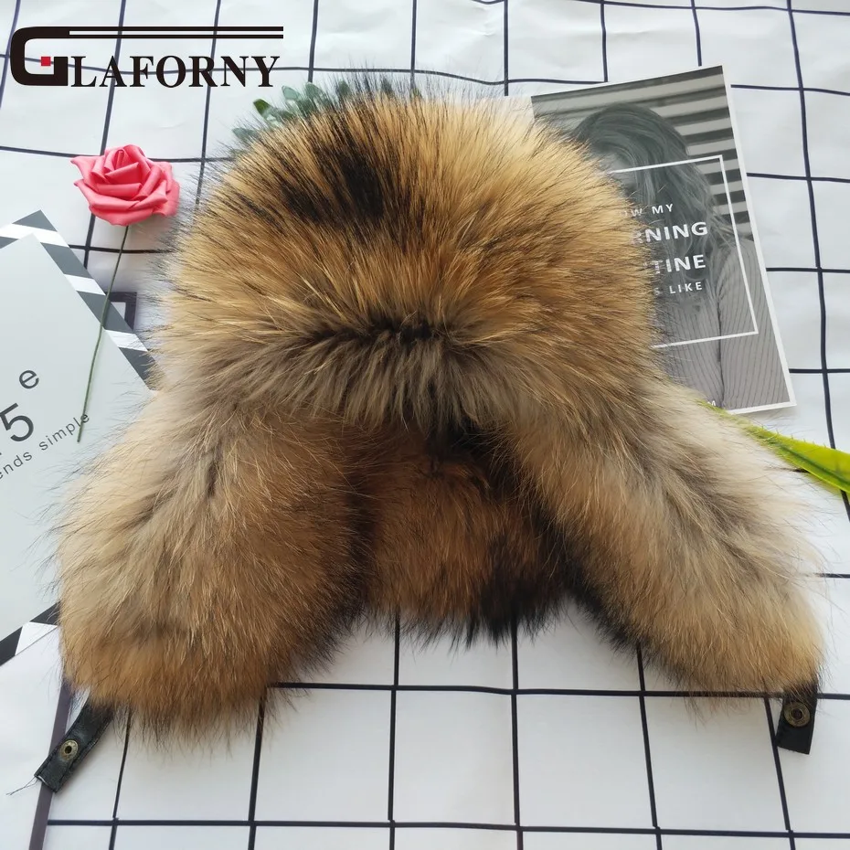

Glaforny 2018 Genuine Silver Fox Fur Hats Men Real Raccoon Fur Lei Feng Cap for Russian Men Bomber Hats with Leather Tops