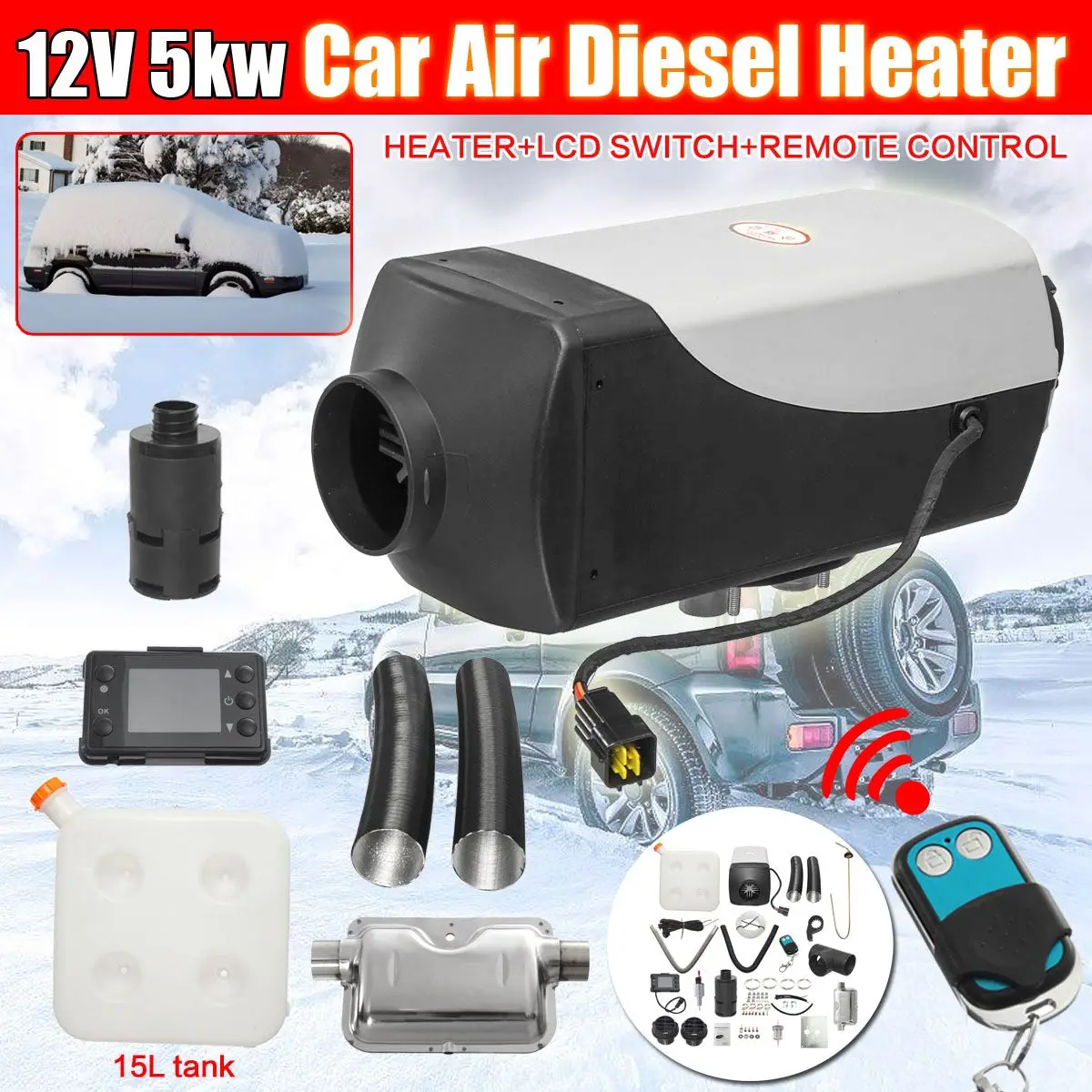 

KROAK 12V 5KW Car Diesels Air Parking Heater 15L Fuel Tank Digital Thermostat Silencer Fliter T-Piece Remote LCD Switch