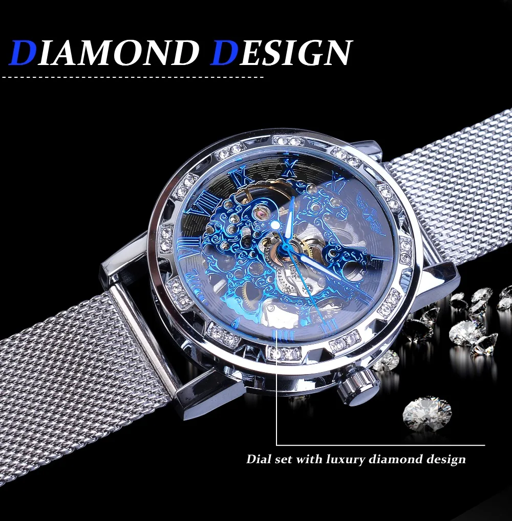 Winner Relogio Masculino Механические синие мужские часы с ручным заводом для мальчиков лучший бренд класса люкс кристалл скелет тонкий сетка стальной ремешок часы