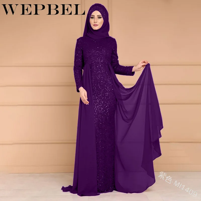 

WEPBEL New Muslim Women Elegant Dress Slim Lace Sequined Full Sleeve Summer Fashion Arabic Islamic Ladies Dresses (no hijab)