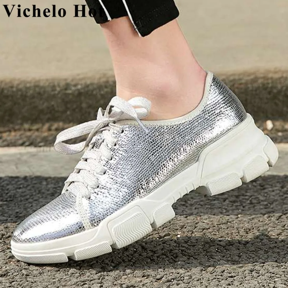 

Vichelo Hot special sheep leather med bottom round toe lace up sneakers concise style breathable incresed vulcanized shoes L30